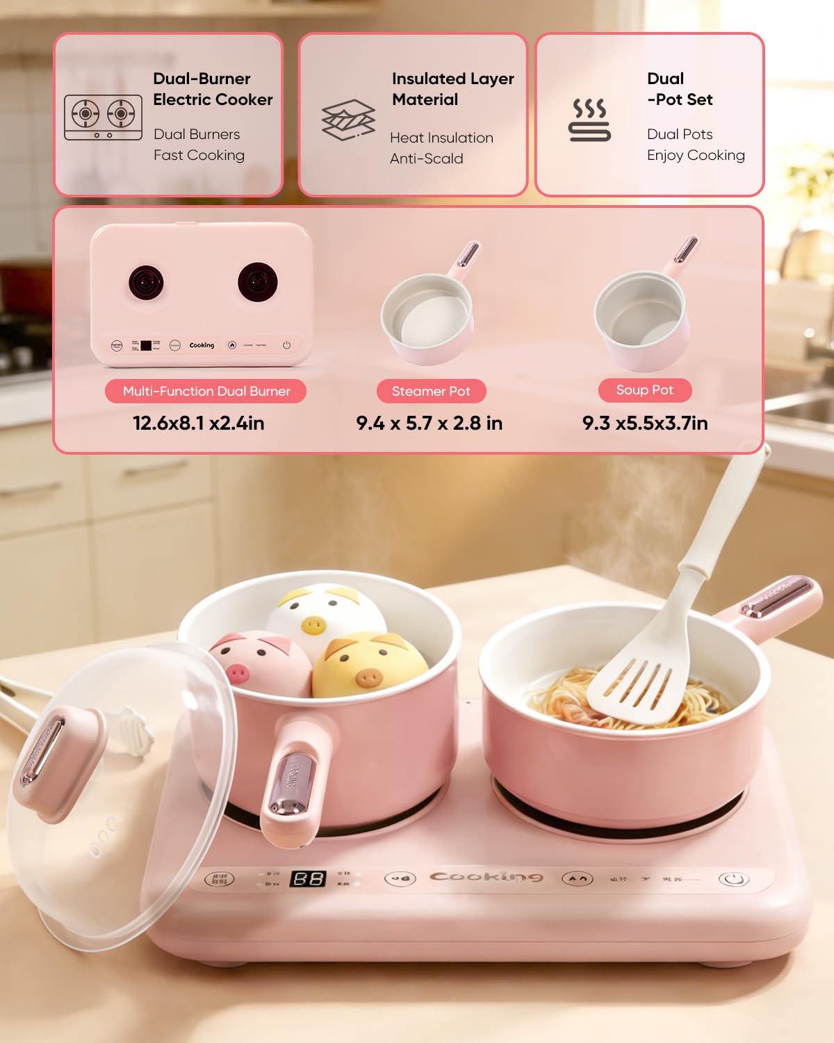 Real Cooking Set with 110V Dual Burner, Mini Kitchen Set (Pink) Operate Each Burner Separately or Together to Steam, Boil and Heat Two Dishes at Once