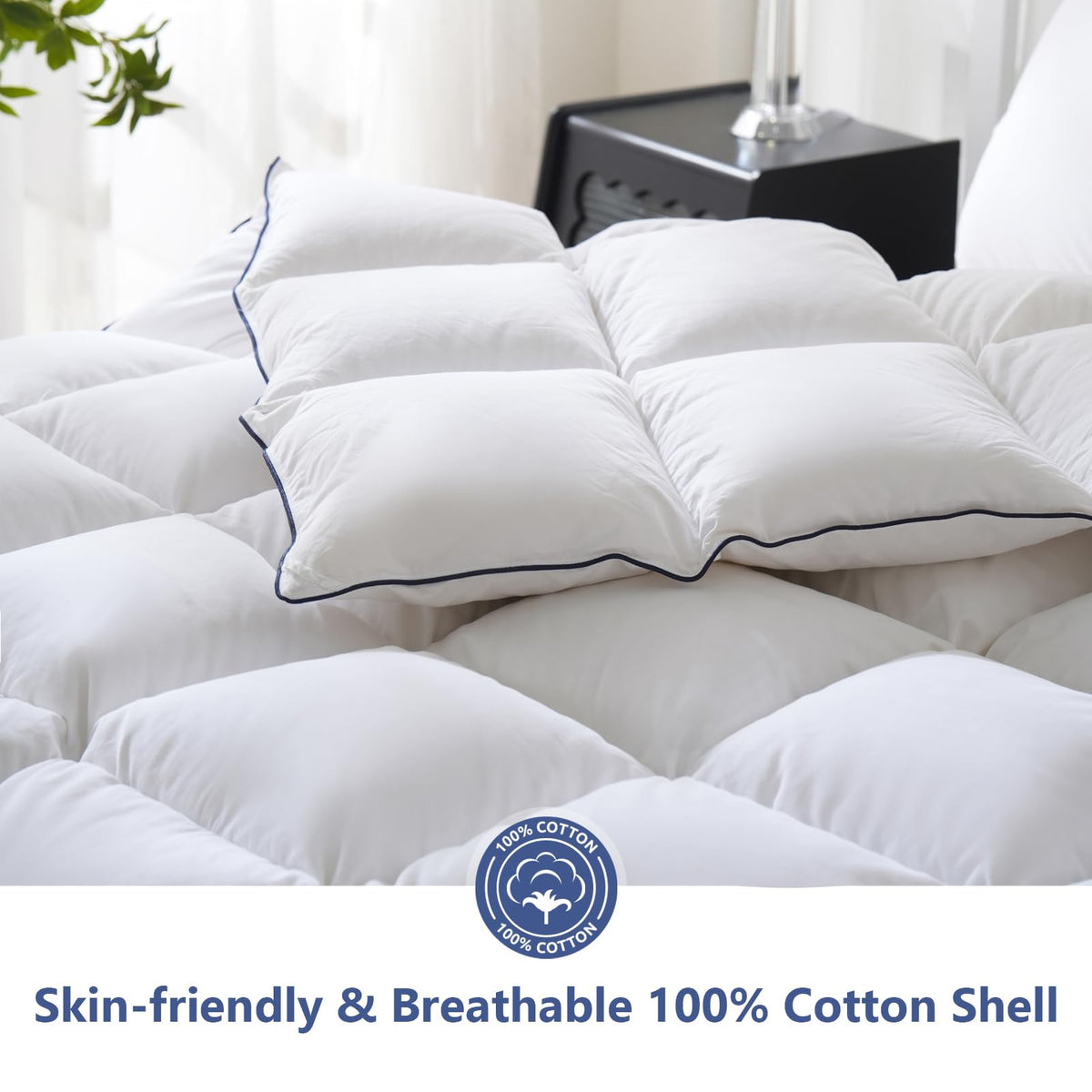 DOWNCOOL Feather Comforter King Size, 100% Cotton Cover, White 106"x90" Soft Fluffy Duvet Insert King, All Season Medium Warmth Luxurious Hotel Bedding Comforter, 8 Corner Tabs