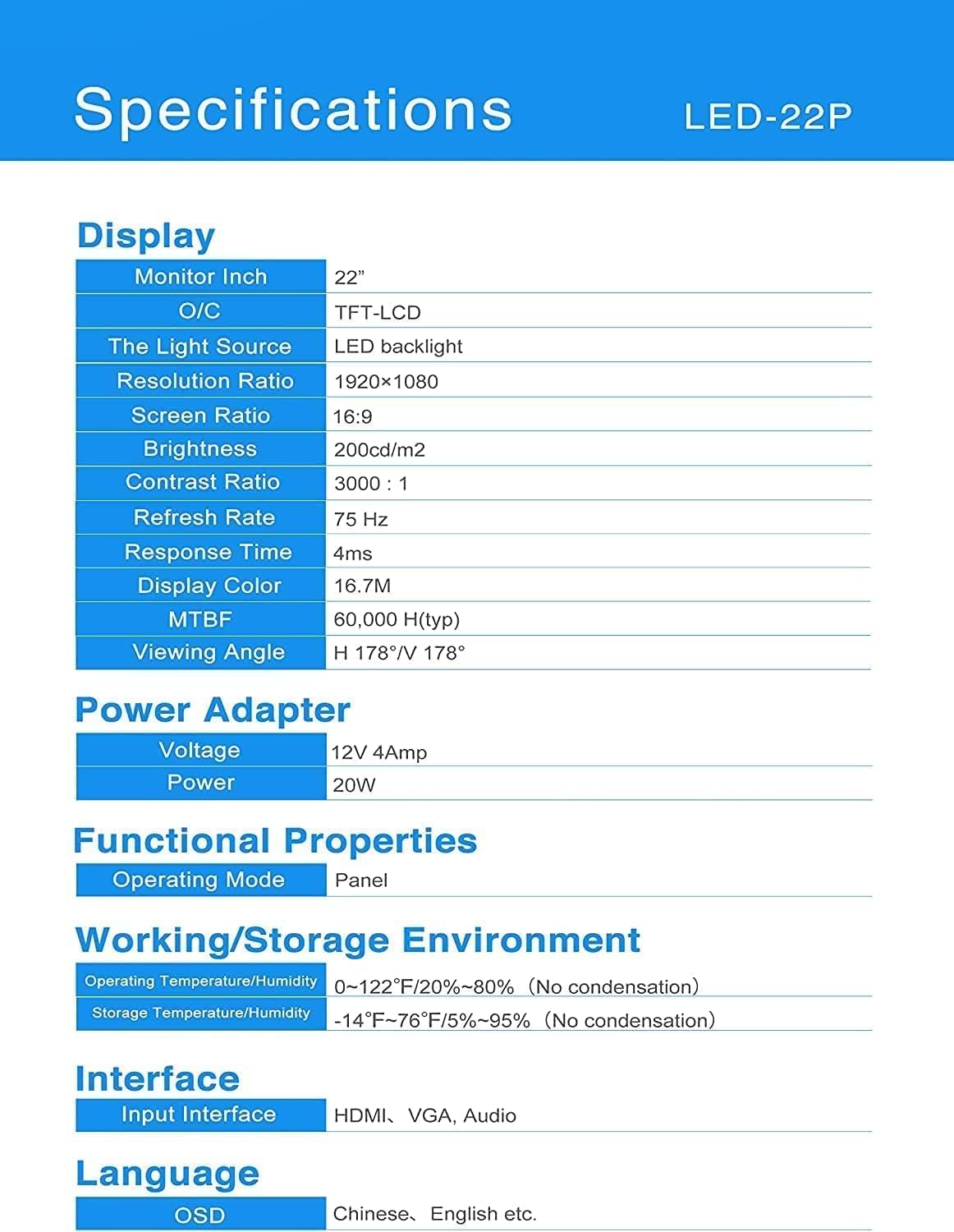 Real HD Security Camera Monitor Screen, 22 Inch 1080P Thin LED PC Monitor with HDMI VGA Built in Speaker Compatible with CCTV Security DVR NVR, Not Support Bluetooth and WiFi