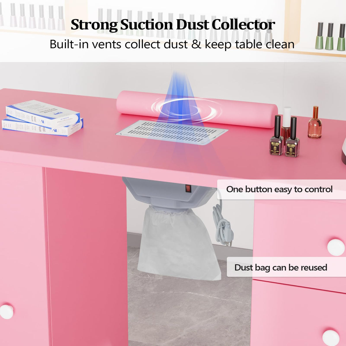 OmySalon Manicure Table Nail Desk for Nail Tech, Nail Table Beauty Salon Tech Station w/Electric Downdraft Vent, Lockable Wheels,Wrist Cushion,Storage Drawers