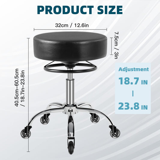 Black Rolling Stool with Wheels 400lbs - 360° Quietly Smooth 3 In Thick Seat Padding, 5.1 In Adjustable Height, Heavy Duty Lash Stool for Tatoo Lab Massage Salon Spa