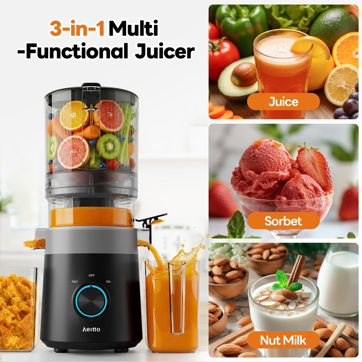 Aeitto 3-in-1 Juicer Machines, 6.0" Wide Mouth, Mesh-Free Easy to Clean Juice, Sorbet & Nut Milk | Cold Press Juicer for Whole Fruits & Vegetables | 100oz Capacity | Reverse Function | With Brush