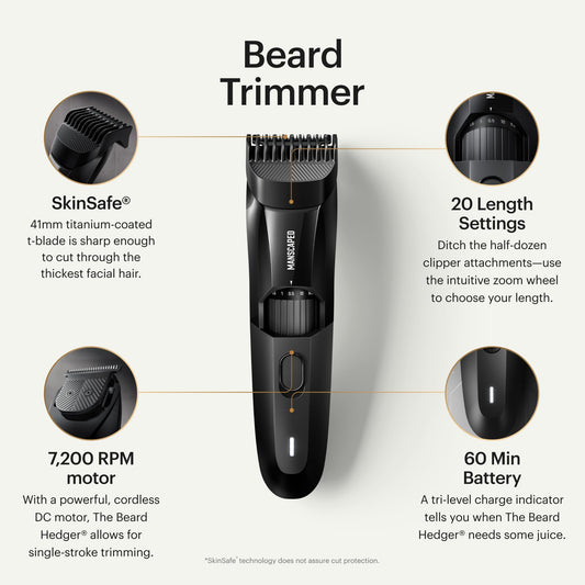 MANSCAPED® The Beard Hedger® Men's Premium Beard Trimmer 20 Length Adjustable Blade Wheel, Stainless Steel T-Blade Precision Facial Hair Trimming, Cordless Wet/Dry Clipper
