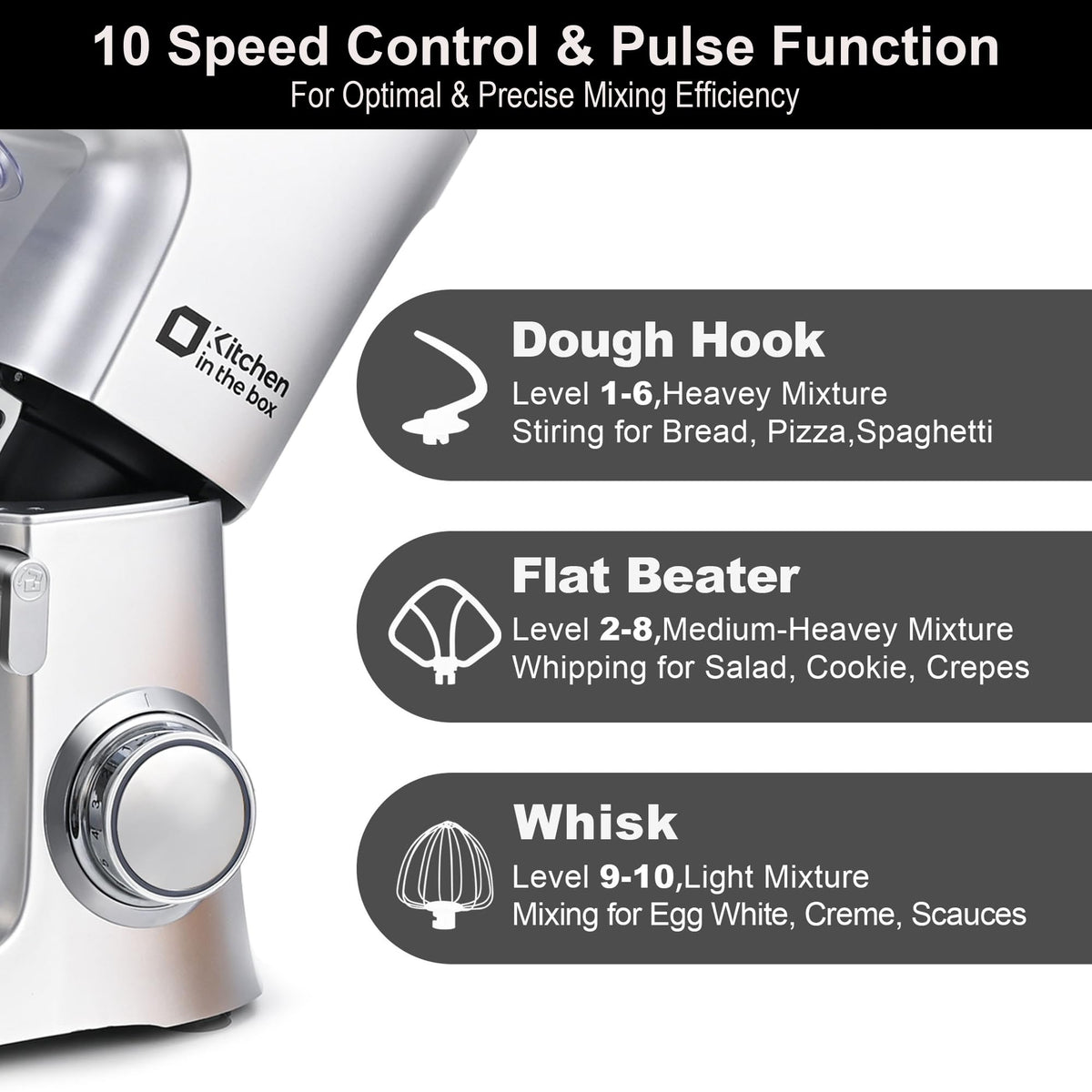 Kitchen in the box Stand Mixer 8.5 QT, 900 Watt Heavy Dough Mixer Silver 10 Speed Adjustable, 8.5 Quart Mixing Bowl with Handle, Tilt-head, Whisk, Flat Beater and Splash Guard
