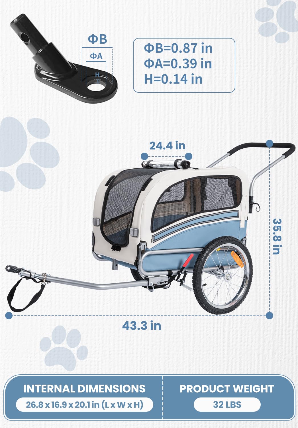 Sepnine 2 in 1 Pet Bicycle Trailer with a 6" Stroller Wheel Suitable for Small and Medium Dogs, Carrier Up to 66/88 LBS, Easy Folding Cart Frame, Quick Release Wheel, Universal Bicycle Coupler