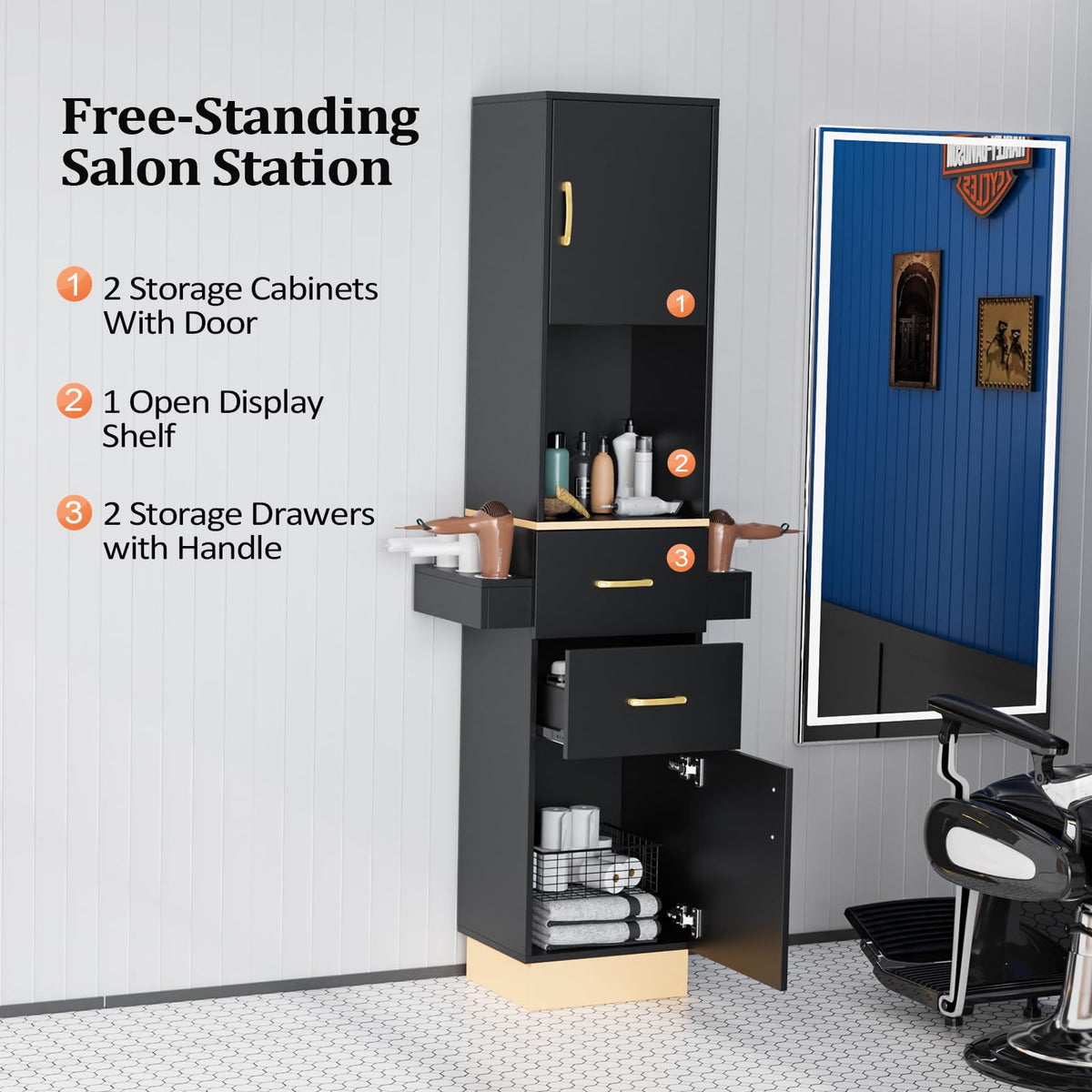 OmySalon Salon Stations for Hair Stylist, Barber Station Hair Salon Station, Beauty Salon Spa Equipment with 2 Drawers, 2 Storage Cabinet, 6 Hair Dryer Holders for Hair Styling, Black Gold