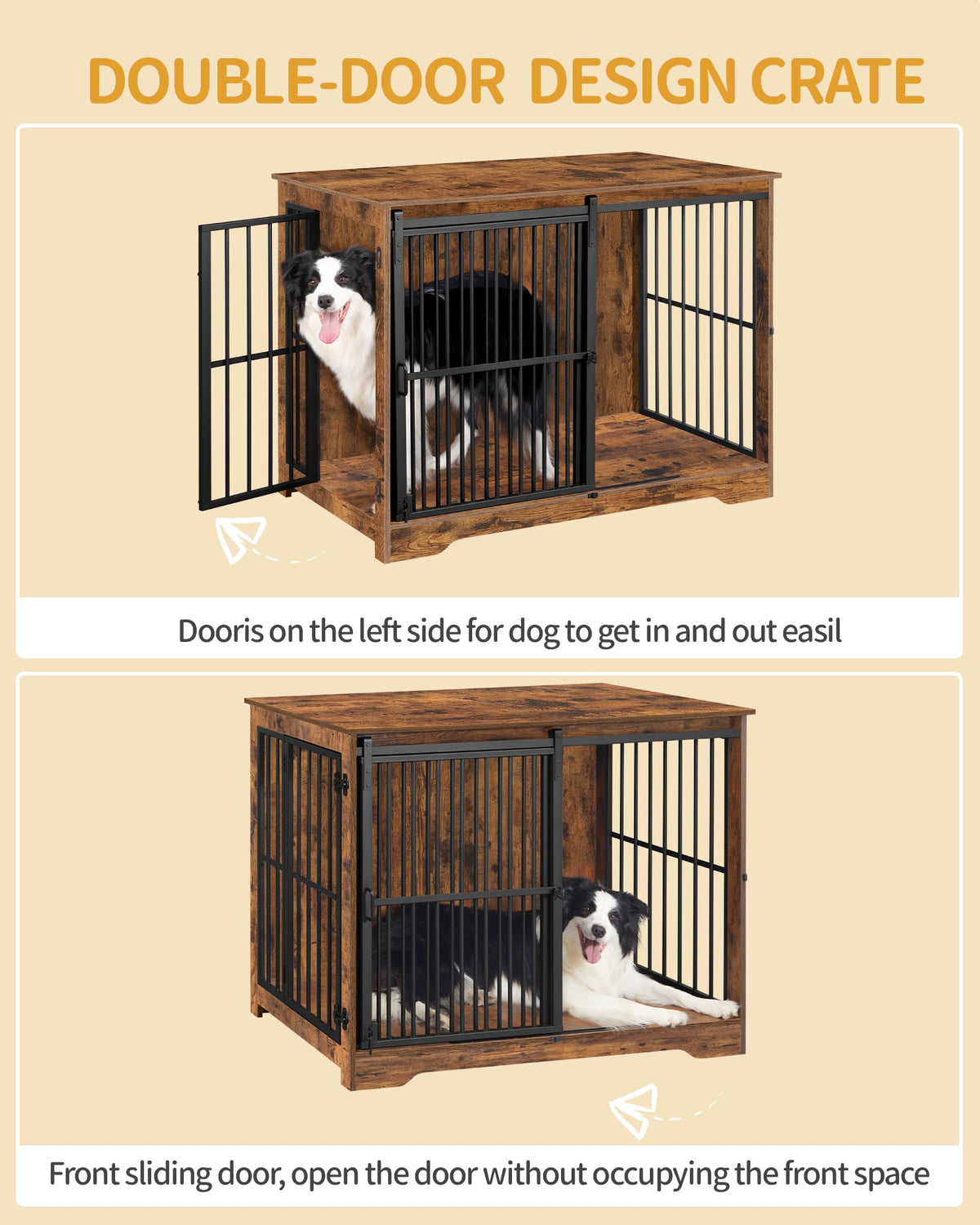 Hzuaneri 44.1 in XL Dog Crate Furniture Indoor Dog Kennel with Barn Door Wooden Dog Crates Furniture, Heavy Duty Dog Crate,Decorative Pet House End Side Table for Large Dogs,Rustic Brown DFC80101BV1