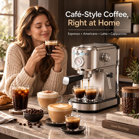 Simple Deluxe Espresso Machine, Compact, Milk Frother Steam Wand, 4 Modes Stainless Steel, 20-Bar Pump, NTC Temp Control, Built-in Pressure Gauge, 34oz Removable Water Tank for Latte & Cappuccino