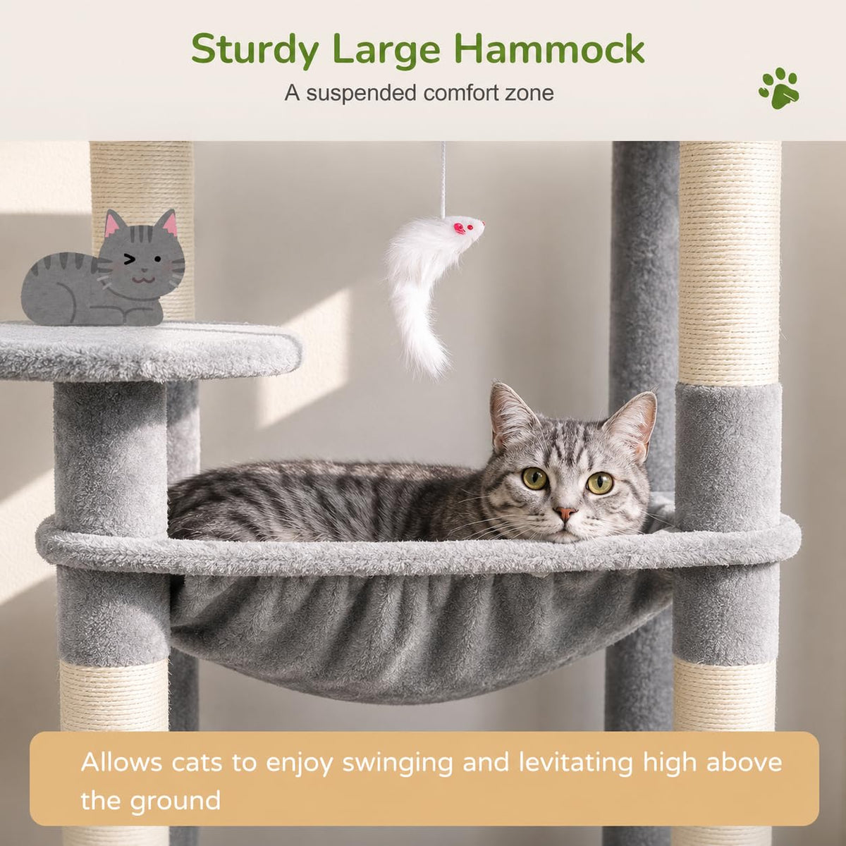 Globlazer Cat Tree Tower with Scratching Post for Indoor Cats, F53 53in Space-Saving Multi-Level Climbing Tower with Large Hammock, Spacious Cat Condo House, Padded Top Perch, Light Grey