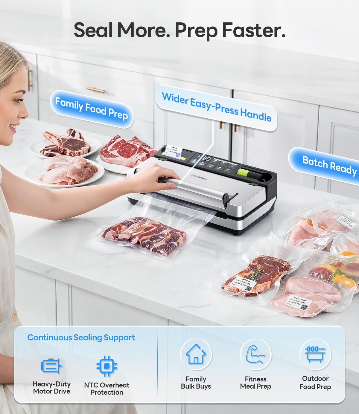 98kPa Smart Vacuum Sealer with FreshTrack Label Printing & Food Manager App Double Heat Seal, Dual-Pump Suction, Wider Easy-Lift Handle, Extra Moist Mode Food Sealer for Meal Prep, VSP801, Silver