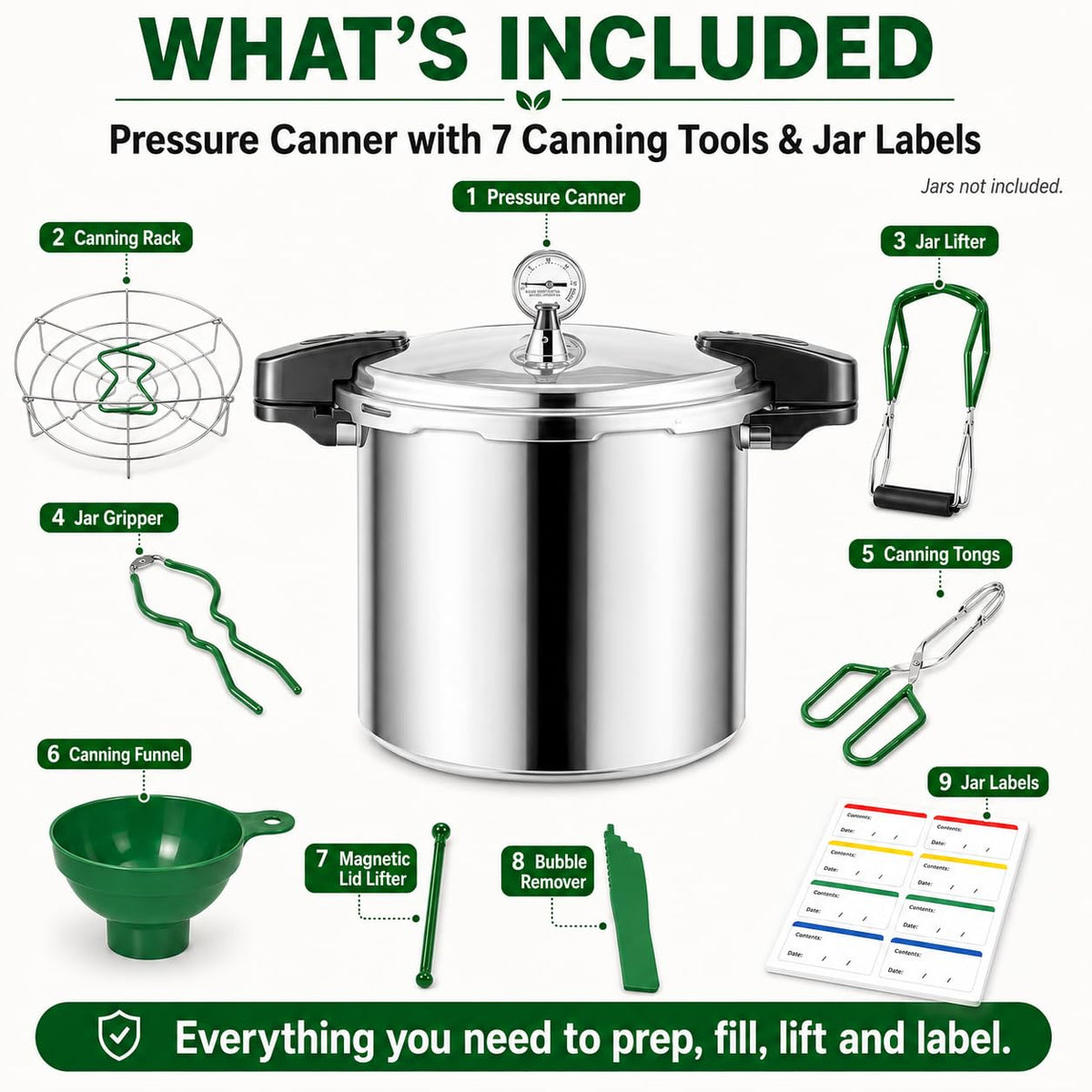 24qt pressure canner and canning pressure cooker with gauge,14.5PSI,practical 7pc Canning Supplies Starter Set,compatibility gas and induction cooktops, pressure cooker for canning (GREEN)