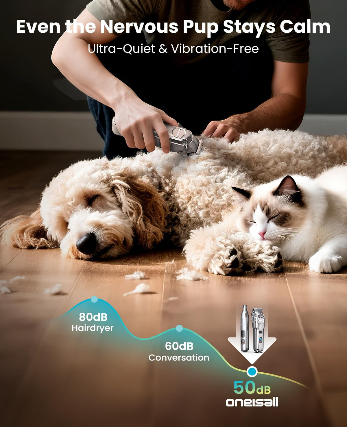 oneisall Dog Clippers for Grooming Thick/Matted Hair, 4-in-1 Grooming Kit Detachable Stainless Steel Blade, Powerful Motor, IPX6 Waterproof, Low Noise, Paw Trimmer and Nail Grinder, 9 Guide Combs