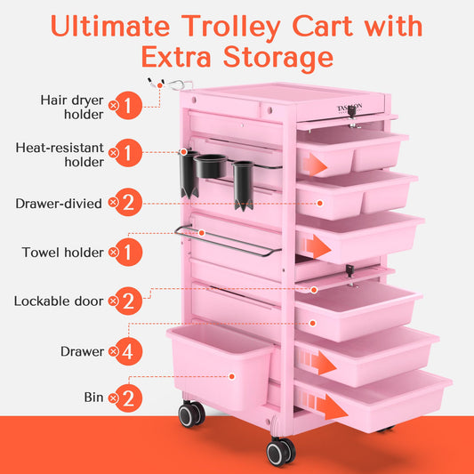 TASALON Pink Lockable Salon Cart with Wheels, Beauty Salon Station Trolley with 6 Drawers & Heat-Resistant Tool Holders, Rolling Barber Organizer for Hair Stylist, Spa & Tattoo Studio