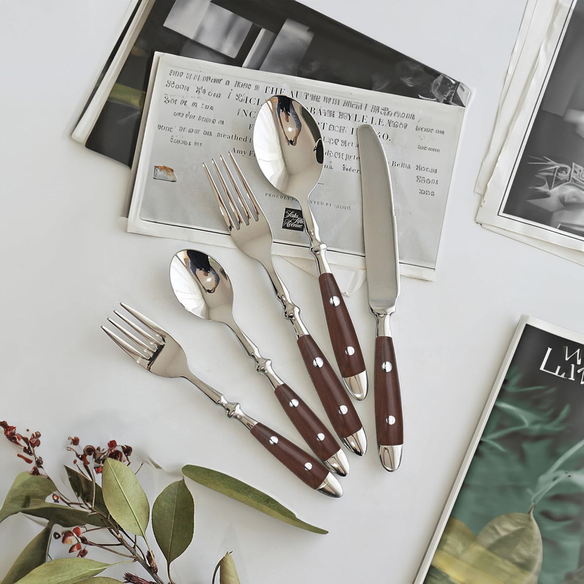 20pcs Silverware Set, Stainless Steel with Riveted Handle (Brown) vintage french bistro flatware, dishwasher safe, mirror polished, everyday use, for home,new homeowner housewarming gift,