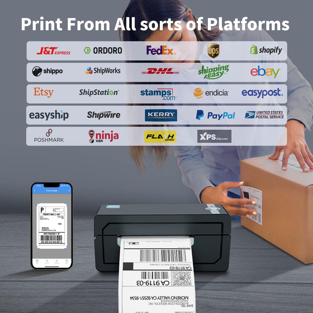 JADENS Bluetooth Thermal Shipping Label Printer, Wireless 4x6 Label Printer Compatible with Android, iPhone, Windows & Mac, Widely Used for, Amazon, Shopify, Etsy, USPS(Blue)