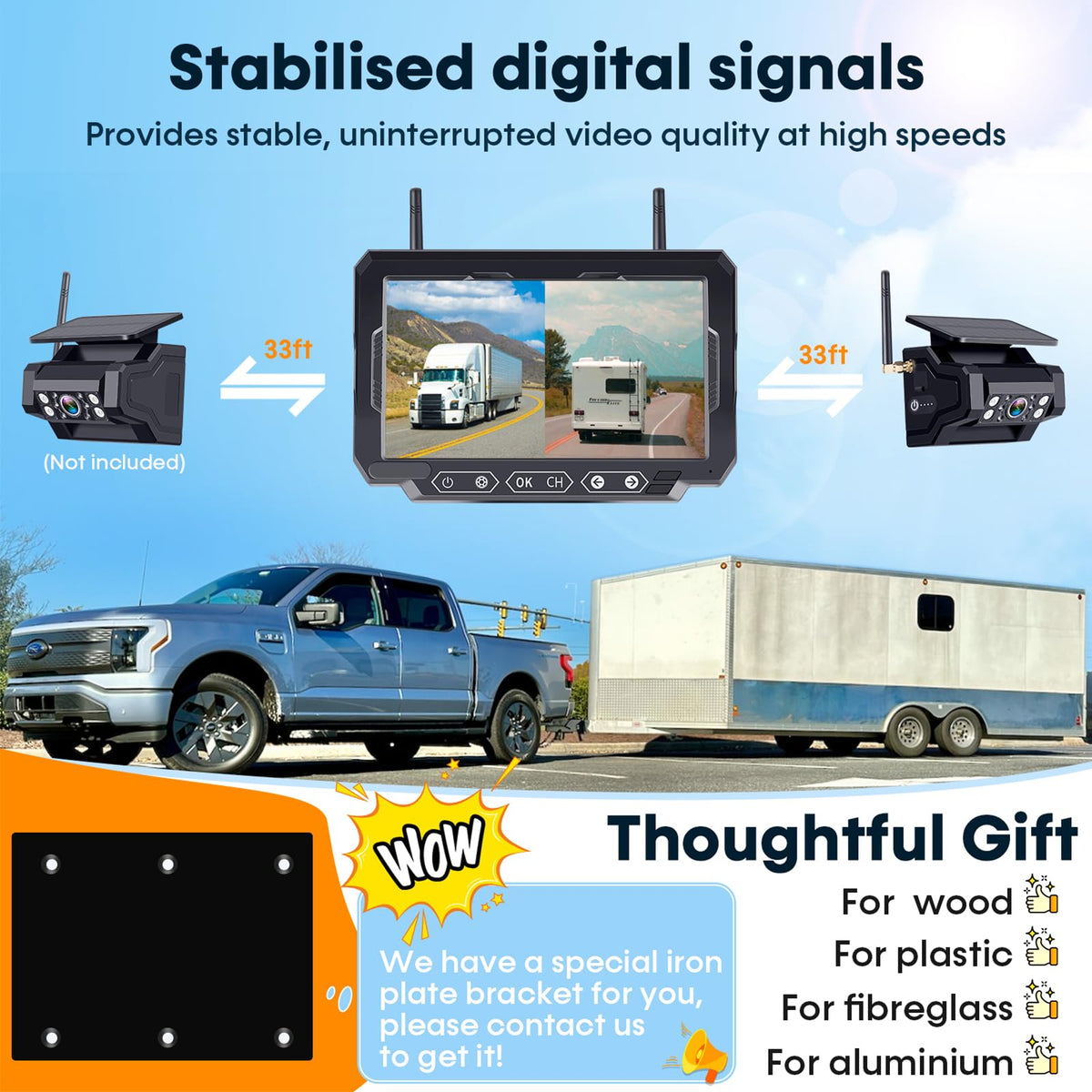 1080P HD Wireless Backup Camera - 1 Minute Magnetic Easy Install No Wiring 7" Anti-Glare Monitor, Clear Night Vision, Solar 24H Long Life, Scratch-Proof Rear View Camera for Truck, Trailer, Small RV