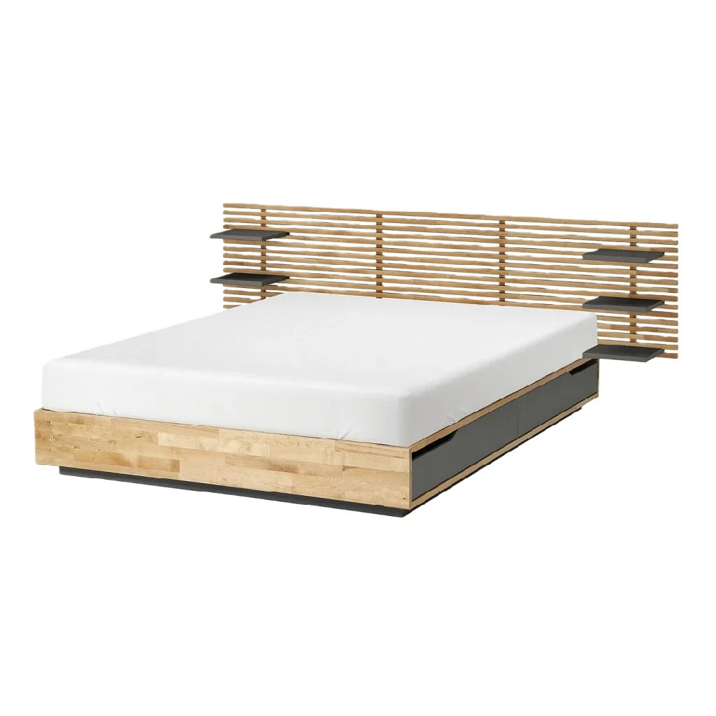2026 Modern clear and black wood bed — Headboard with integrated shelves