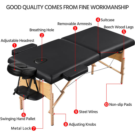 Yaheetech 84x28in Portable Massage Table Folding Adjustable Lash Bed, Black Beechwood Legs, 28in Wide with Sturdy Support, Height Adjustable, Folds into a Carry Case for Lash Studios Tattoo Facial Spa