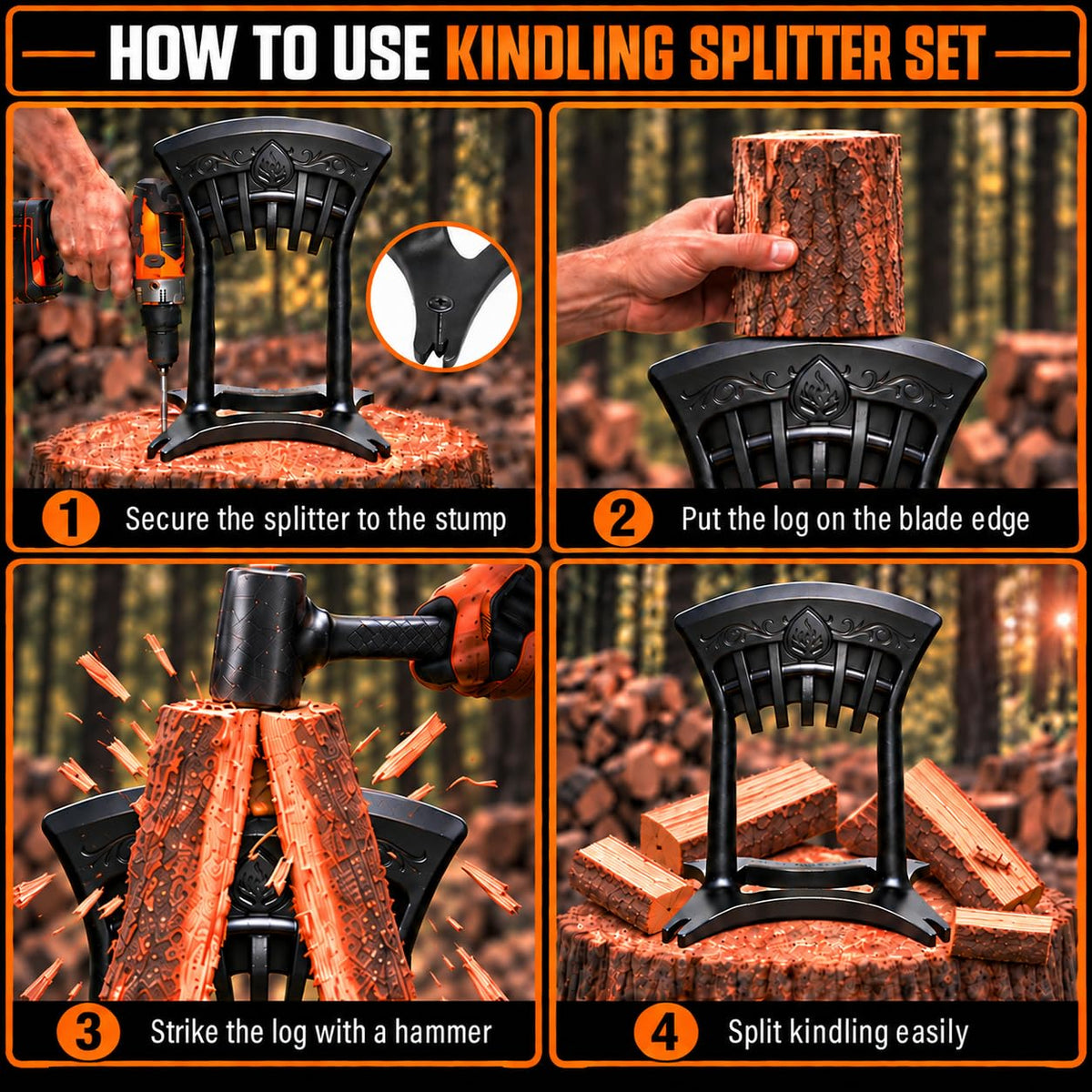 Kindling Splitter for Wood,Manual Log Splitter with 3Lbs Rubber Hammer,One-Piece Molding Cast Iron Wood Splitter,Firewood Splitter Tool(Extra Large-Sized)
