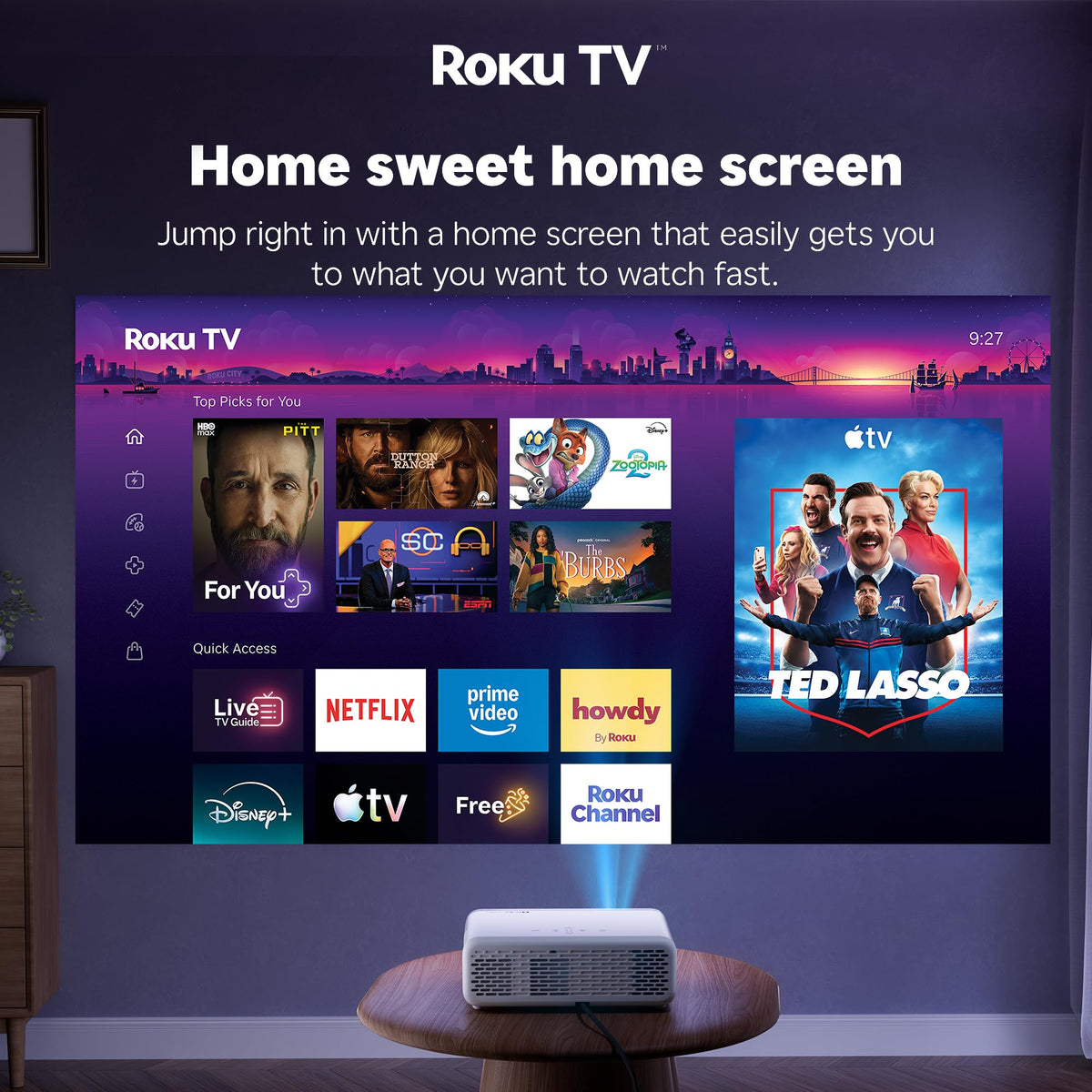 Aurzen Roku TV D1R Smart Portable Outdoor Projector with WiFi and Bluetooth Roku TV Built-in, All Top Apps, 1080P FHD, DoIby Audio, Auto Focus & Keystone, Zoom, Mini Projector for Home & Outdoor Movies