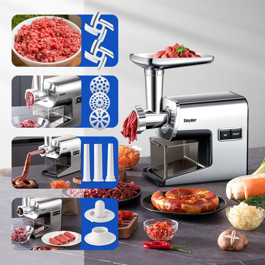 Sinyder Electric Meat Grinder 3000W Max Stainless Steel Mincer Pure Copper Motor, Metal Gears, Stainless Steel Body, 2 Blades & 3 Grinding Plates, Sausage Stuffer Tubes & Kubbe Kit