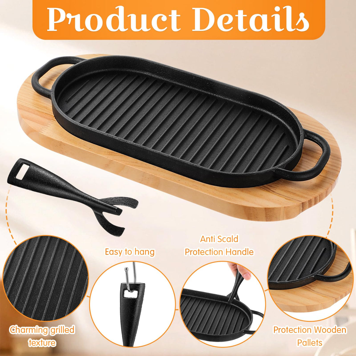 4 Sets Oval Cast Iron Fajita Skillet Pan Set, 12 x 6.3 Inch Sizzling Plate with Wooden Base, Removable Handle, Dual Loop Grips, Home Barbecue Kitchen Party Restaurant Catering Service