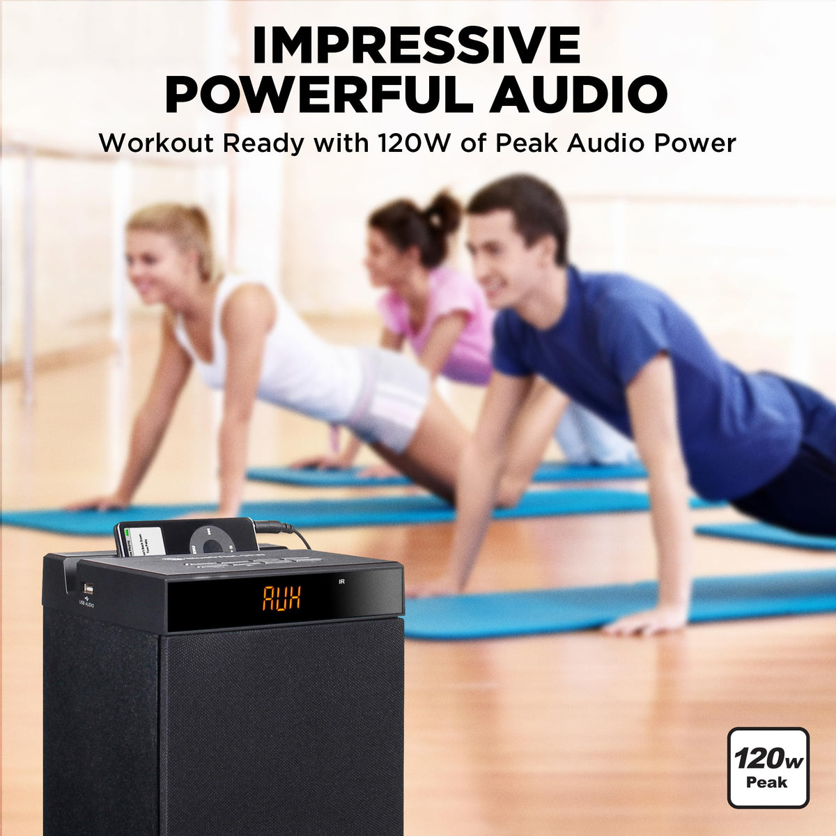GOgroove Bluetooth Tower Speaker with Subwoofer Built in - Floorstanding Home Speaker with Powerful Bass and Dual Drivers, 120W Peak Power, MP3 3.5mm Aux, USB 2.0 Port Flash Drive, FM Radio (Single)