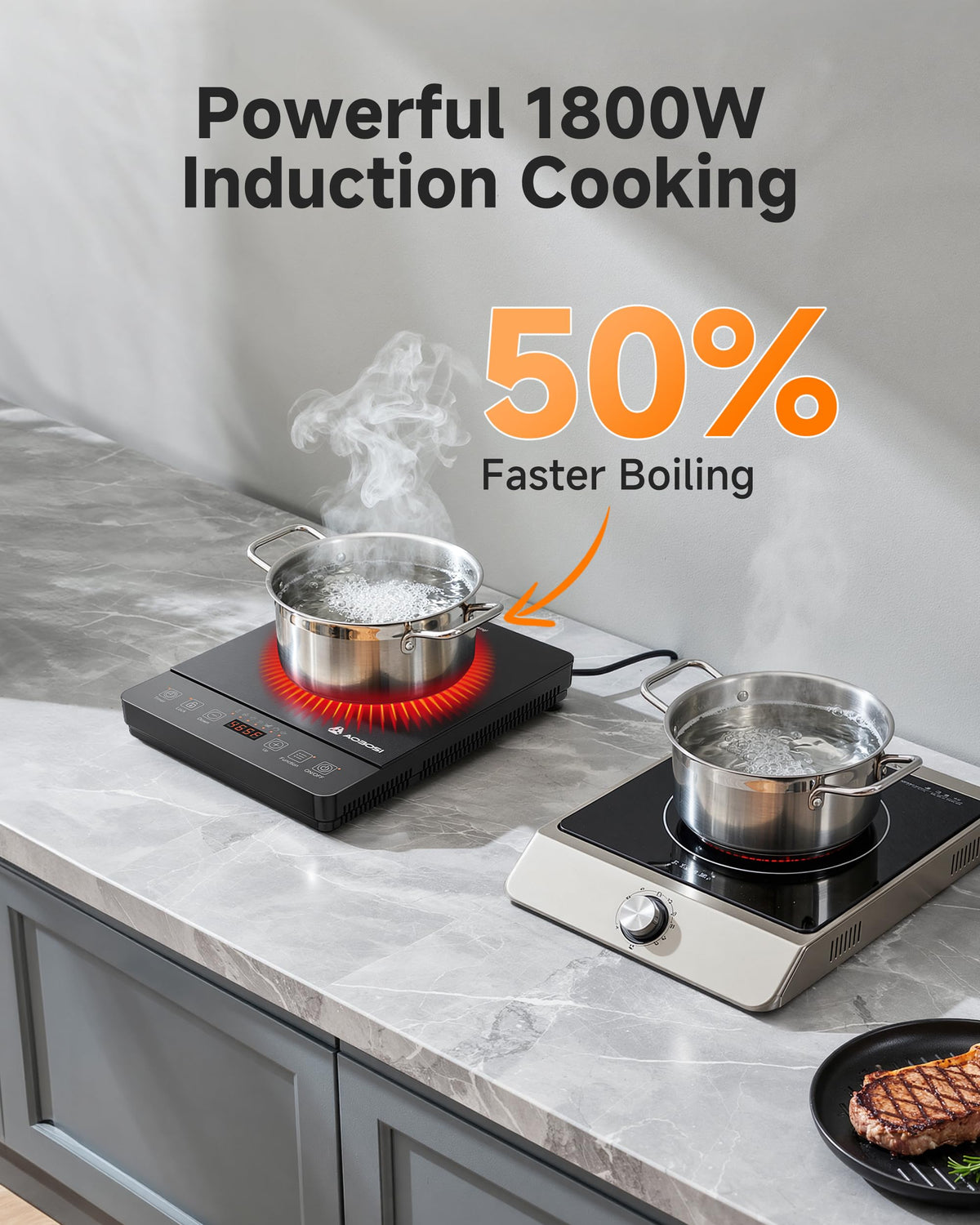 AAOBOSI Portable Induction Cooktop, 1800W, 20 Temp & Power Levels, Timer Fast & Even Heating, 4 Preset Modes, 4-Hour Timer, Compact & Portable, Easy to Clean, Apartments, RVs & Outdoor Cooking