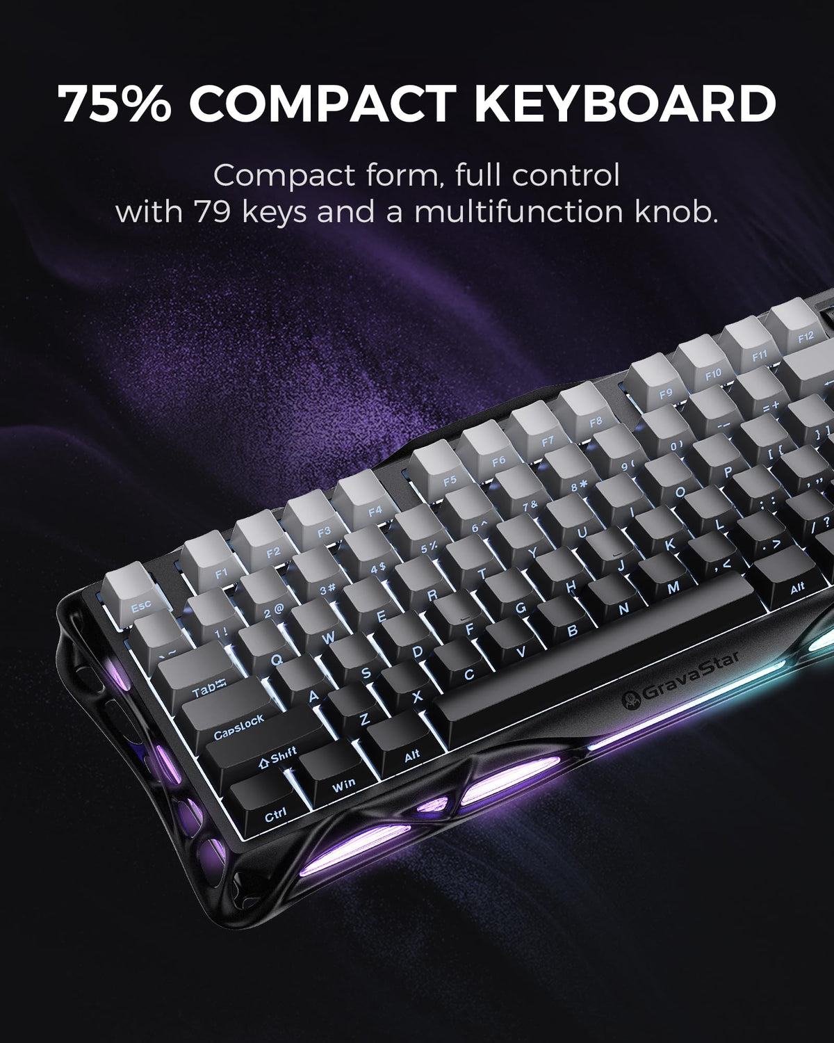 GravaStar Mercury K1 75% Wireless Mechanical Gaming Keyboard RGB Backlit Gasket Mount, Hot Swappable Linear Switches, Creamy Sound Keyboard, 2.4GHz/USB-C/Bluetooth 5.0, for Win/Mac【Gradient Black】