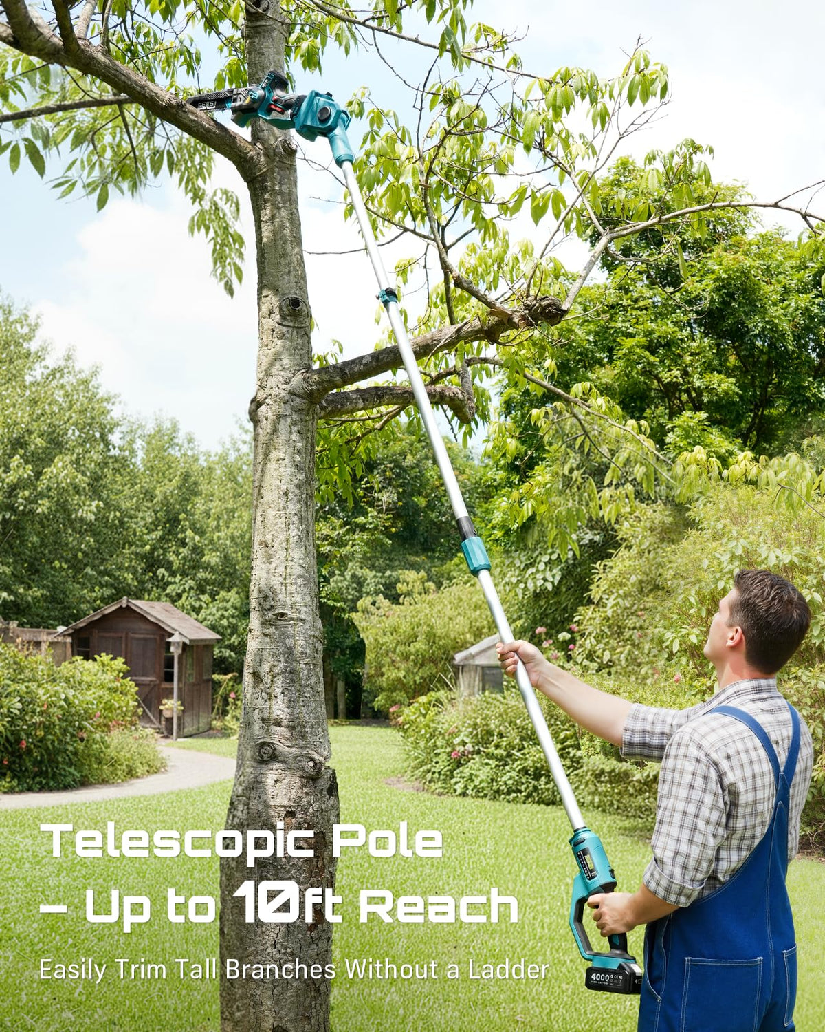 SEESII 10-Inch 2-in-1 Cordless Pole Saw & Mini Chainsaw,2 x 4.0Ah Batteries Brushless Handheld Chain Saw,Auto Oiling, Telescoping Pole with Pivoting Head and Adjustable Handle for High and Low Branches