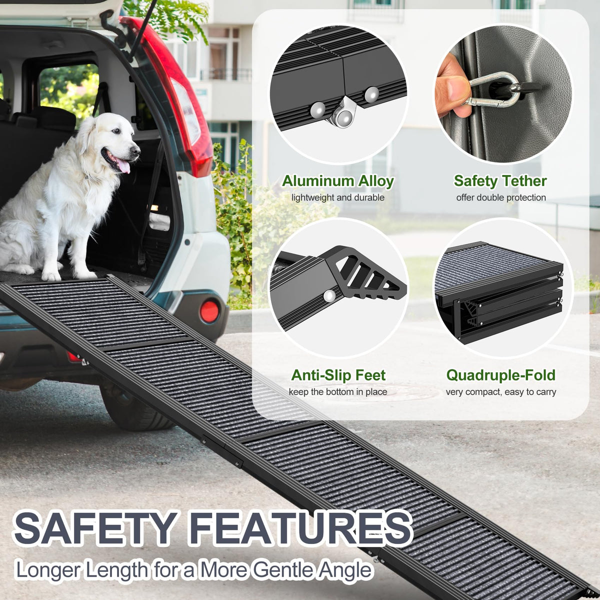 Dog Ramp for Car 63" L × 17" W, Pet Ramp for Truck Foldable Dog Ramps for Large Dogs, Non-Slip Rug Surface, Gentler & Safer Climb, 270 lbs Capacity, Easy to Carry & Store, Outdoor Ramp