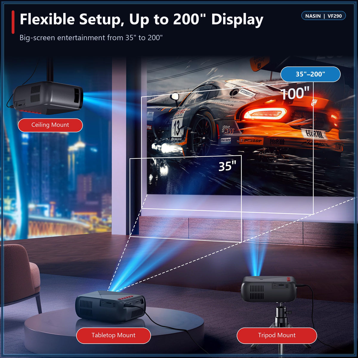 Mini Projector, Nasin Portable Projector with WiFi, Bluetooth, 1080P Input Compact portable design with WiFi mirroring, Bluetooth, 22-170 in display, HDMI, USB, TF card, USB-C and 1080P input.