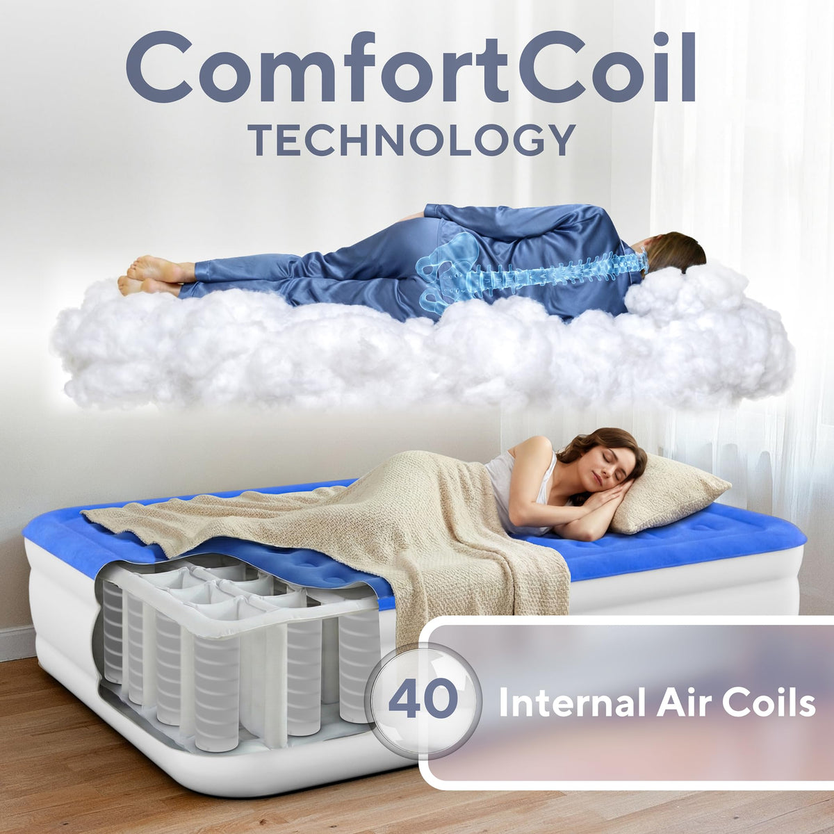 SoundAsleep Dream Series Raised Queen Air Mattress, Built-in Pump, Blue ComfortCoil Technology, fast 1-click inflation, waterproof flocked top and SureGrip bottom create a stable guest bed for two