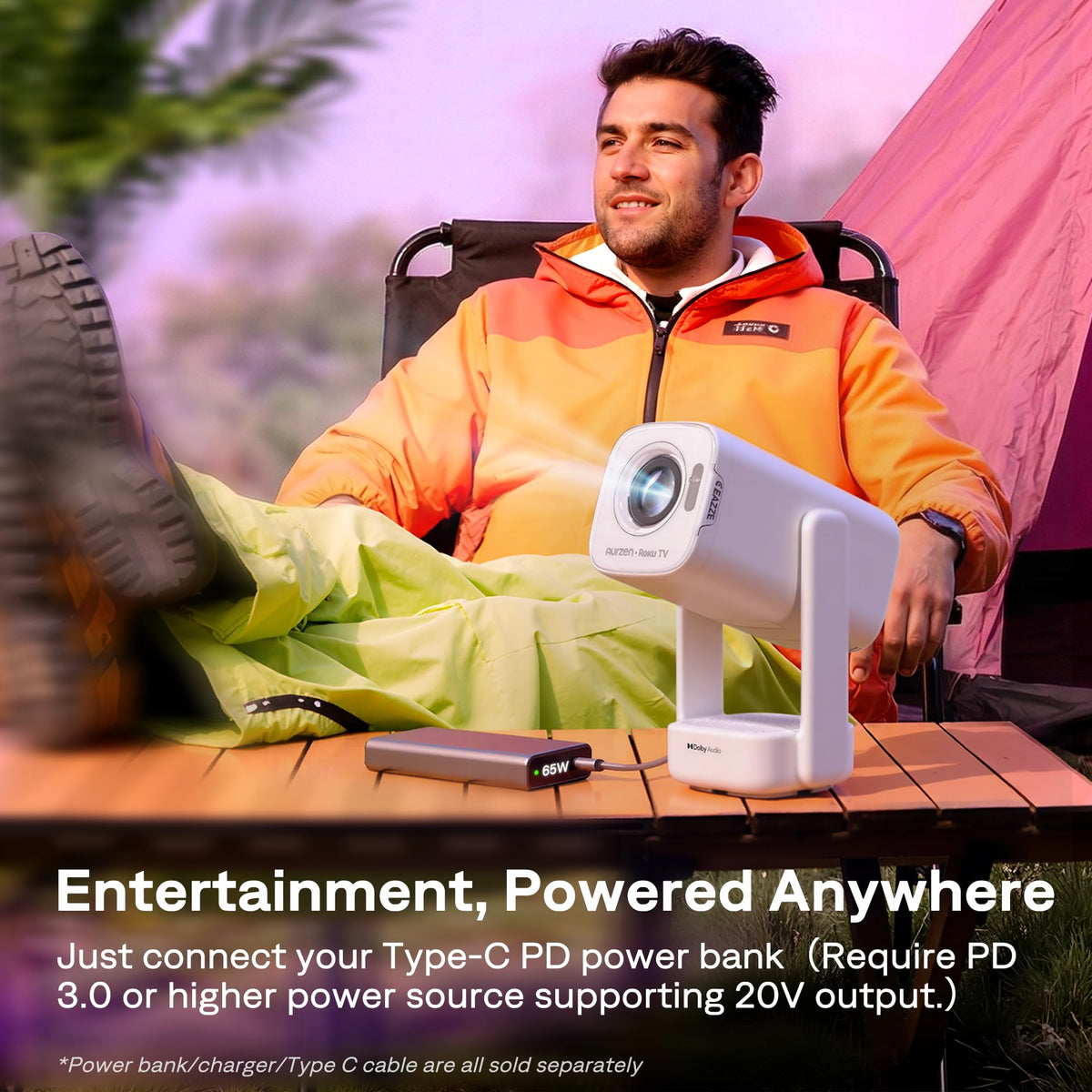 Aurzen Roku TV D1R air USB-C Powered Smart Portable Outdoor Projector White Roku TV Built-in, WiFi & Bluetooth, Power Bank Supported, Native 1080P, DoIby Audio, Mini Projector for Home & Outdoor Movies