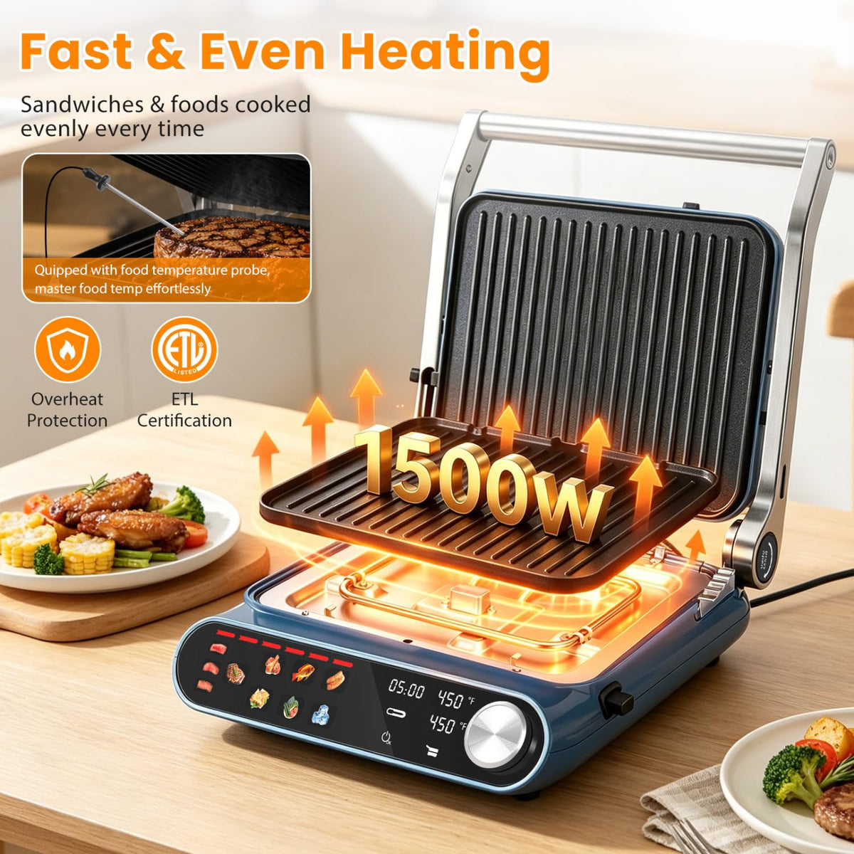 Taylor Swoden 7-in-1 Panini Press Sandwich Maker, Electric Indoor Grill 1500W, LED Touch Panel, Removable Non-Stick Plates & Drip Tray, Independent Temperature Control, 7 Modes, Opens 180 Degrees