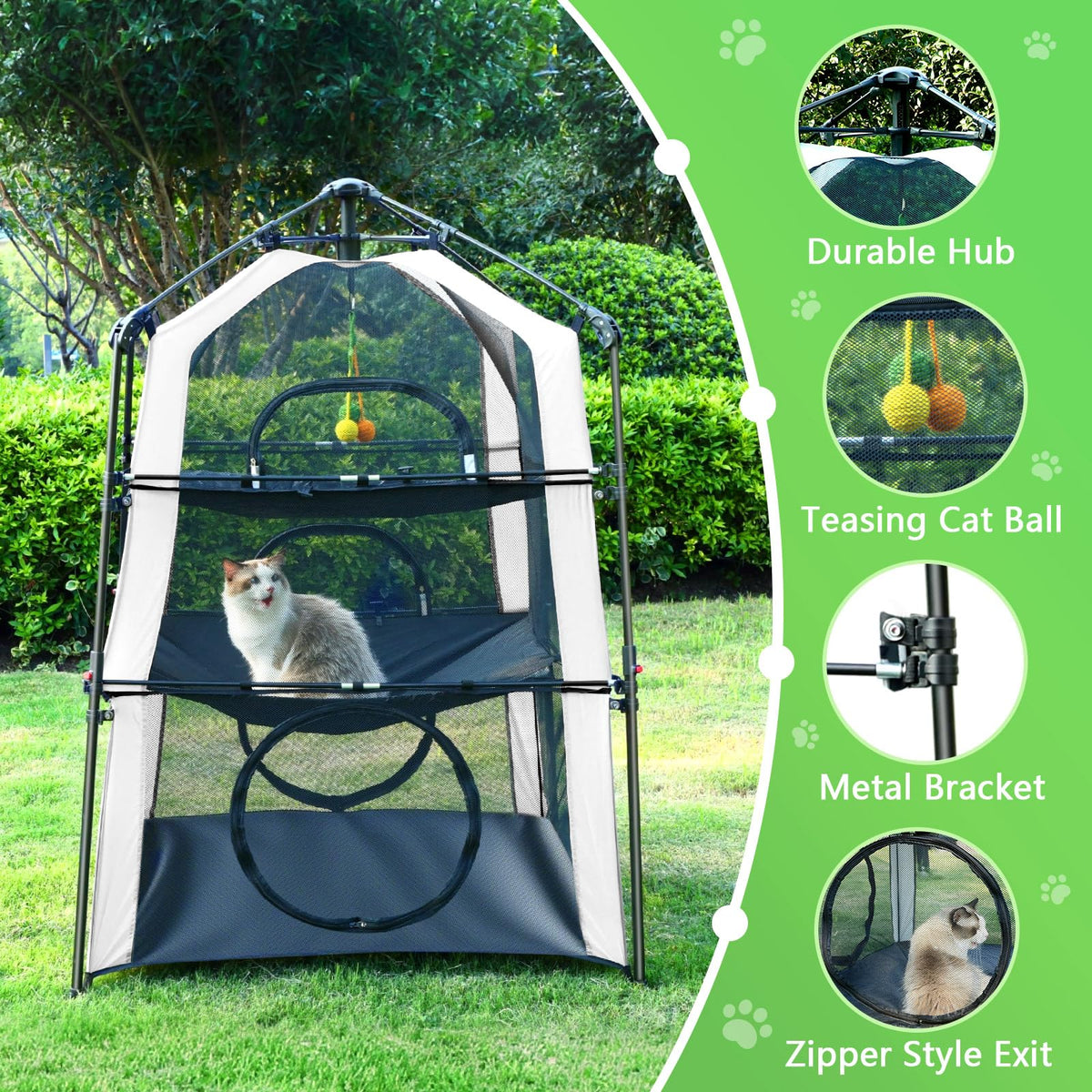CypherX Extra Large Catio Outdoor Cat Enclosure Pop Up Playpen Tunnel Tent 3-level main cube with 3 passages & mini housing. Tear-resistant mesh, shade cover, 8 stakes, toy ropes & carry bags