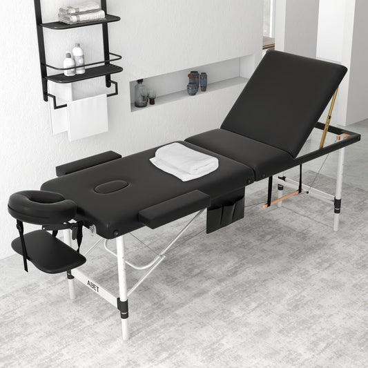 ABET Portable 3-Fold Massage Table, Height Adjustable & Compact Durable Light-weight Aluminum Feet, Ideal for Lash & Tattoo, Features Detachable Oil Pocket, Towel rod, Face cradle, Armrest