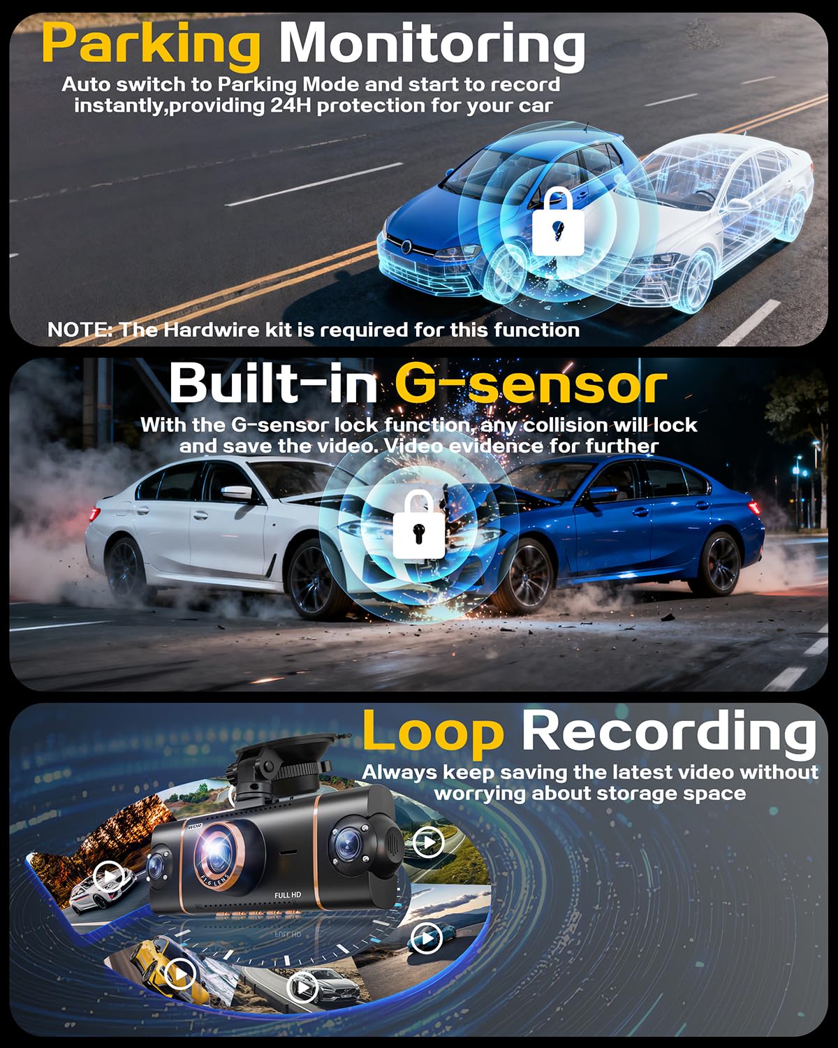 4 Channel 360° Dash Cam Front and Rear, 4K+1080P*3 FHD Car Camera 5GHz WiFi and App Control, 24H Parking Mode, 8 IR Lamps Night Vision, Loop Recording, Includes 64GB SD Card, Black
