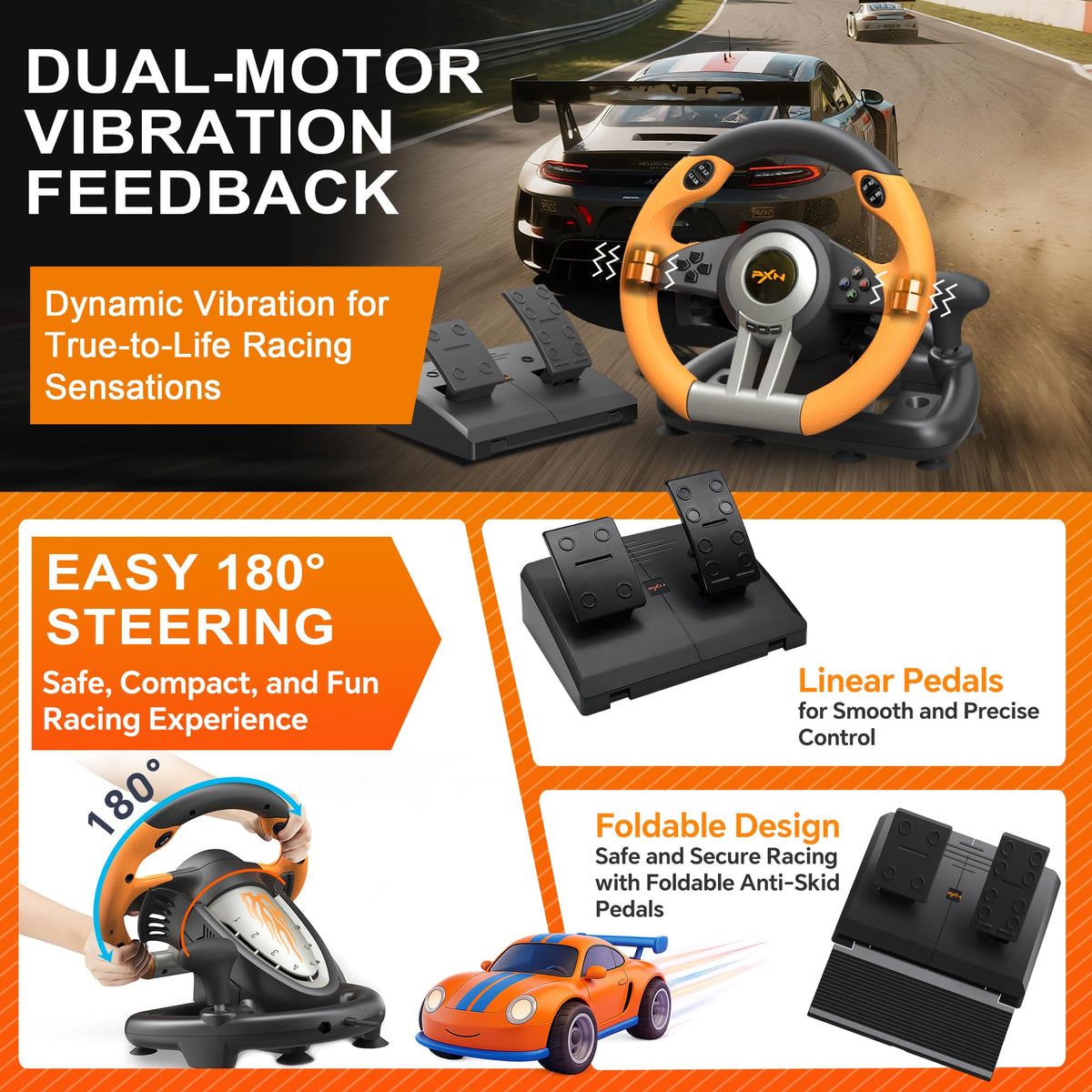 PXN V3 Pro Gaming Steering Wheel with Pedals Dual Motor Vibration Feedback, Beginner Sim Racing Wheel for PC, PS4, Xbox Series S, Xbox Series X, Xbox One and Switch