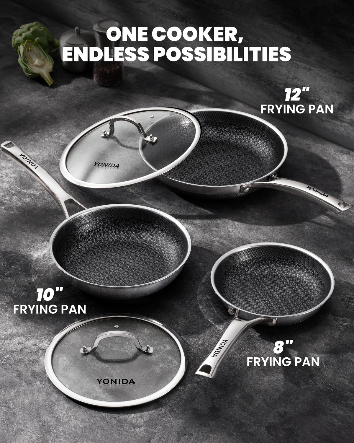 Non Stick Frying Pans set, 8+10+12 inch Upgrade Baking Pan Set with Lids Hybrid Stainless Steel,Dishwasher, PFOA Free Cookware, Induction Compatible Cooking Commercial Baking Pan, Oven-Safe