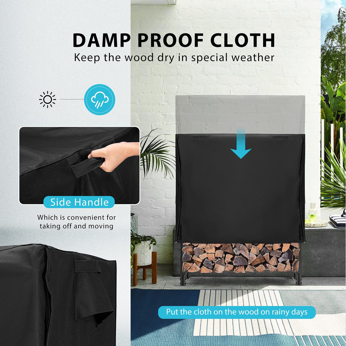 VIVOHOME 4 ft Heavy Duty Firewood Rack Outdoor with Cover, Black Fire Wood Storage Rack, Log Holder and Cover Combo Set with Zipper