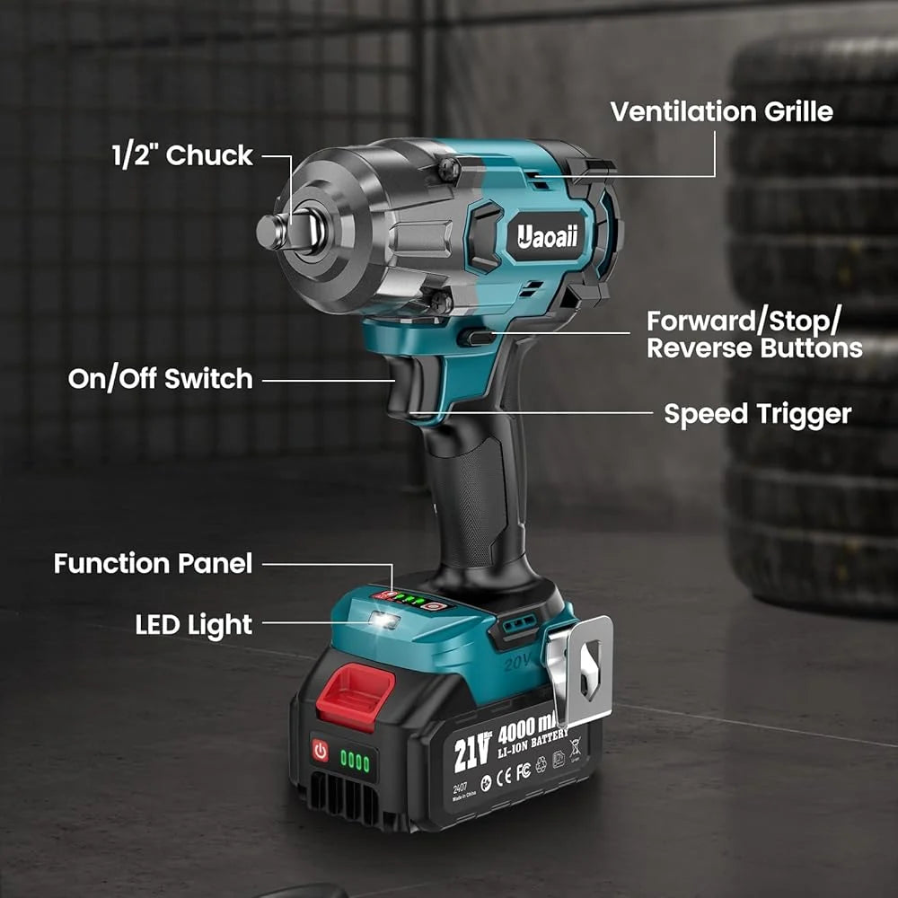 2026 Uaoaii 1000 Nm Brushless Cordless Impact Wrench with 4000mAh Battery, Adapter and 5 Sockets