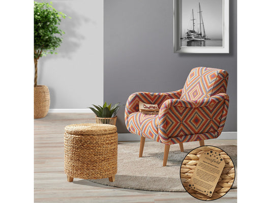 Casafield 17" Round Storage Ottoman with Lid - Natural, Handwoven Water Hyacinth Footstool for Living Room, Bedroom, Bathroom, Home Office