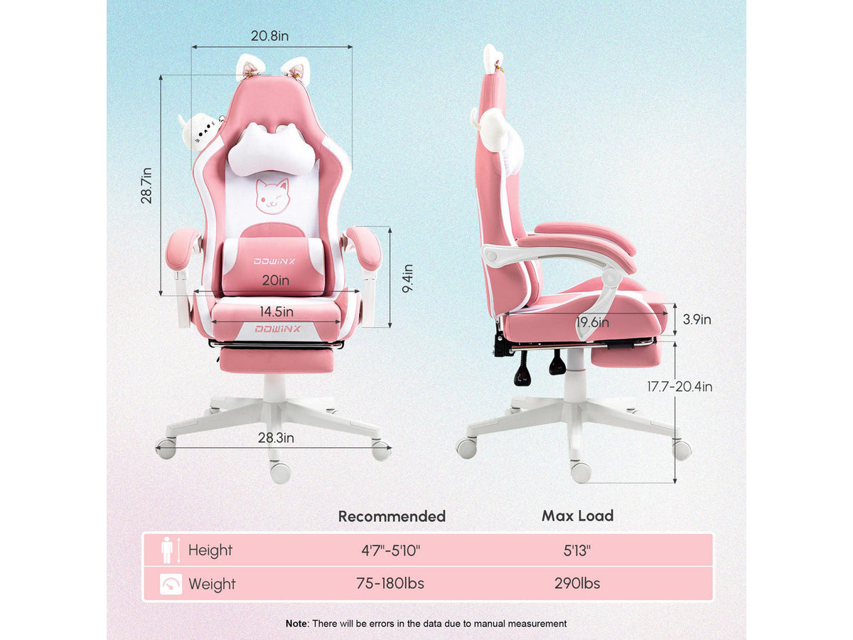 Dowinx Cute Cat-Ear Gaming Chair with Massaging Lumbar Support, Ergonomic Computer Gaming Chair for Girl and Adults, Reclining Comfort Game Chair with Footrest, Pink