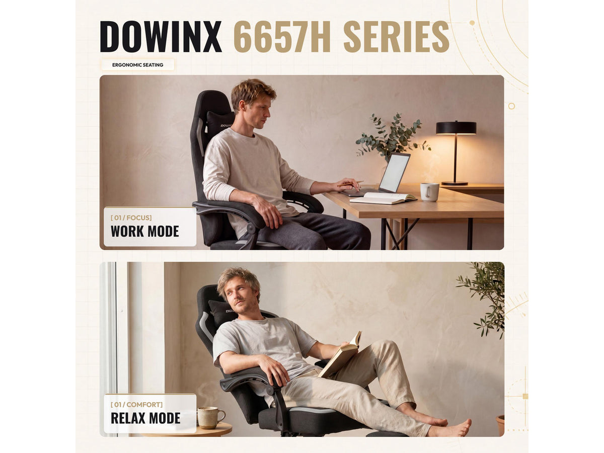 Dowinx Ergonomic Gaming Chair,Reclining Computer Chair with Adjustable Footrest & Headrest,Office Chair with Breathable Fabric,Desk Chair with Wide Cushion,Black
