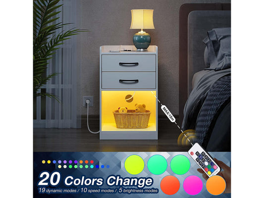 Nightstand with Charging Station and LED Lights,Modern Design End Side Table with 2 Drawers, Nightstand Storage Cabinet for Bedroom, White