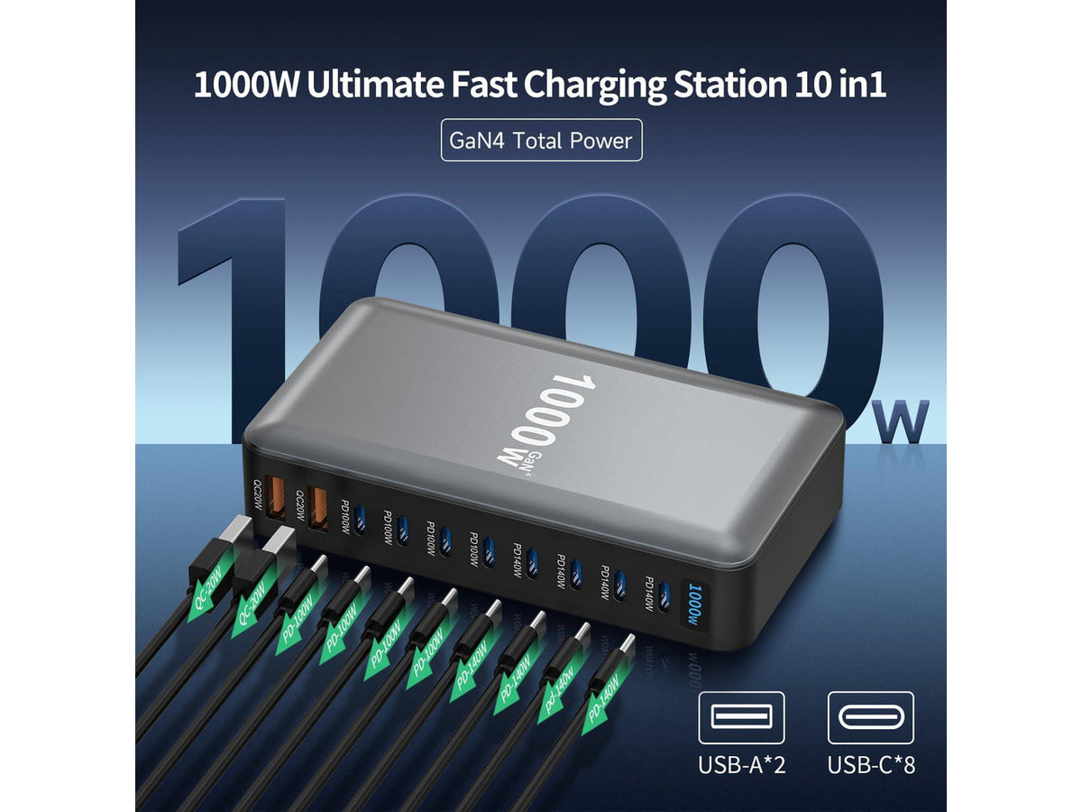 1000W 10-Port GaN 4 Desktop Charging Station with 240W 6.6 ft Data Cable - Compatible with Tablets, Phones, Laptops, Gaming Consoles, Headphones