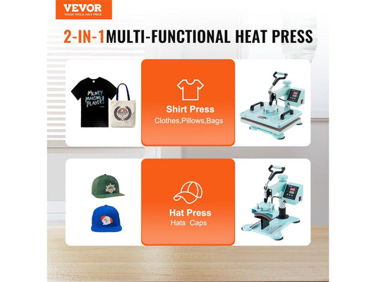 Heat Press Machine, 12 x 15 inch, 2 in 1 Heat Transfer Machine with Hat Press, 360° Swing Away T-Shirt Pressing Machine, Digital Precise Control, Fast Even Heating for T-Shirts/Hats/Caps, Green
