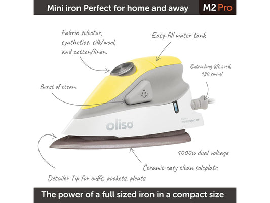 oliso M2Pro Mini Steam Iron with Solemate® 1000 Watt Dual Voltage Travel Iron for Sewing, Quilting, and Crafting Ceramic Soleplate, Precision Tip Butterscotch