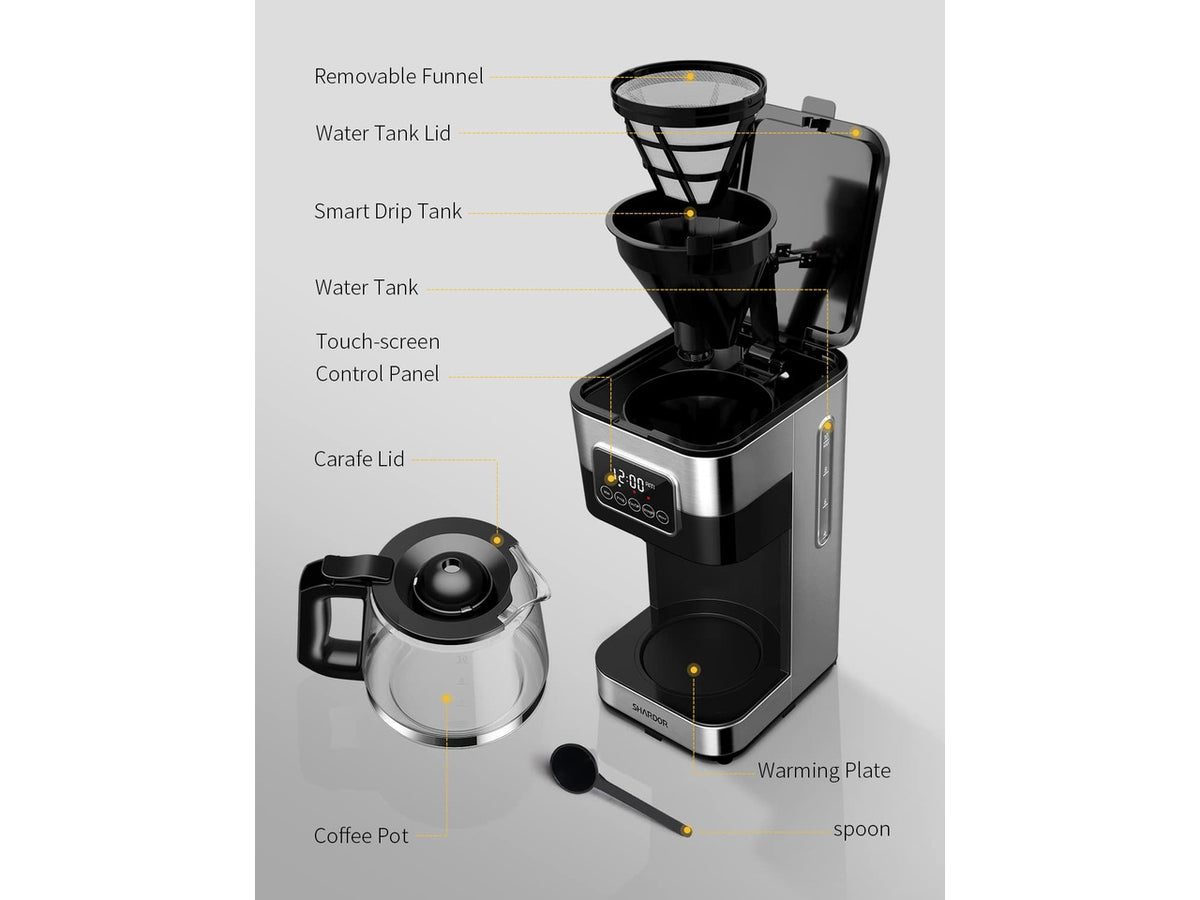 10-Cup Programmable Coffee Maker, Regular & Strong Brew Drip Coffee Machine for Home and Office, Auto Shut Off, Permanent Filter, Silver